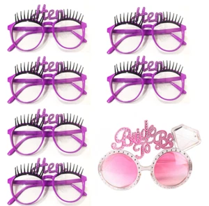6 HEN NIGHT PURPLE GLASSES EYE LASHES & 1 BRIDE TO BE GLASSES FANCY DRESS PARTY - Picture 1 of 1