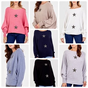 Ladies Sparkle Star Batwing Jumper Made in Italy Will Fit UK 8-16 - Picture 1 of 26