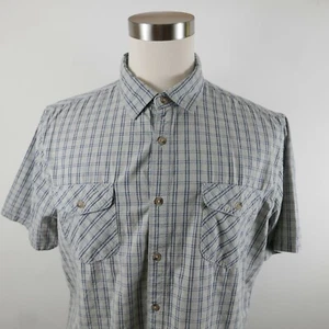 PD&C Mens Cotton Short Sleeve Button Down Gray Navy Blue Plaid Dress Shirt XL - Picture 1 of 9