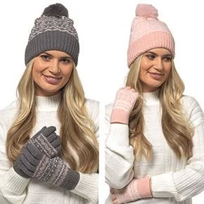 FOXBURY Ladies Winter Knit Hat & Gloves Set – Diamante Pom Pom + Fairisle Design