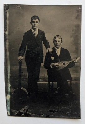ca. 1870s TINTYPE PORTRAIT of MUSICIAN s w MUSICAL INSTRUMENT s BANJO & MANDOLIN - Image 1 of 2