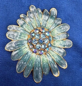 Broche/Pin Vintage Floral Esmalte y Topacio Azul Estrás C1238 - Imagen 1 de 4