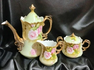 Set da tè cinese dipinto a mano Lefton rose rosa su verde con oro dorato 3 pezzi come nuovo - Foto 1 di 9