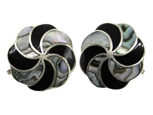 Signed A Garcia Taxco Mexico 925 Sterling Silver Abalone Onyx ScrewBack Earrings - Picture 1 of 7