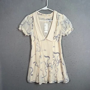 Kimchi Blue Womens XS Floral Puff Sleeve Dress Urban Outfitters Cream / Blue - Picture 1 of 8