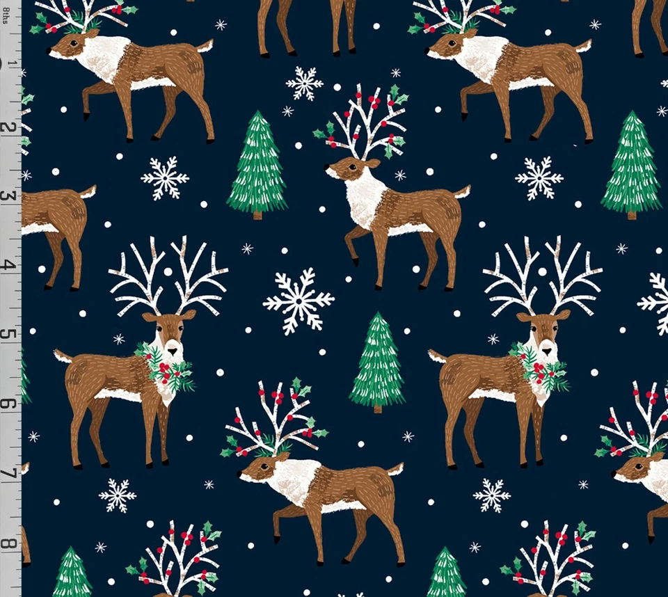 Believe Navy Reindeer Trees Cotton Fabric 3 Wishes Christmas Yule Snow Santa - Image 1 of 1
