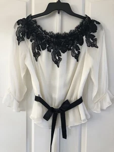 Victor Costa Size M Ivory Black Lace Silk 3/4 Sleeve Ribbon Belt Blouse W/Flaw - Picture 1 of 18