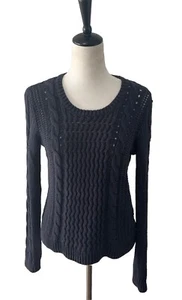 H&M verwaschener dunkelblauer Grobstrickpullover mit Zopfmuster und Cut-Outs Größe Small adrett - Bild 1 von 13