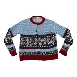 VTG Eddie Bauer Nordic Fair Isle Lambswool Cardigan Women Size M Blue Sweater - Picture 1 of 11
