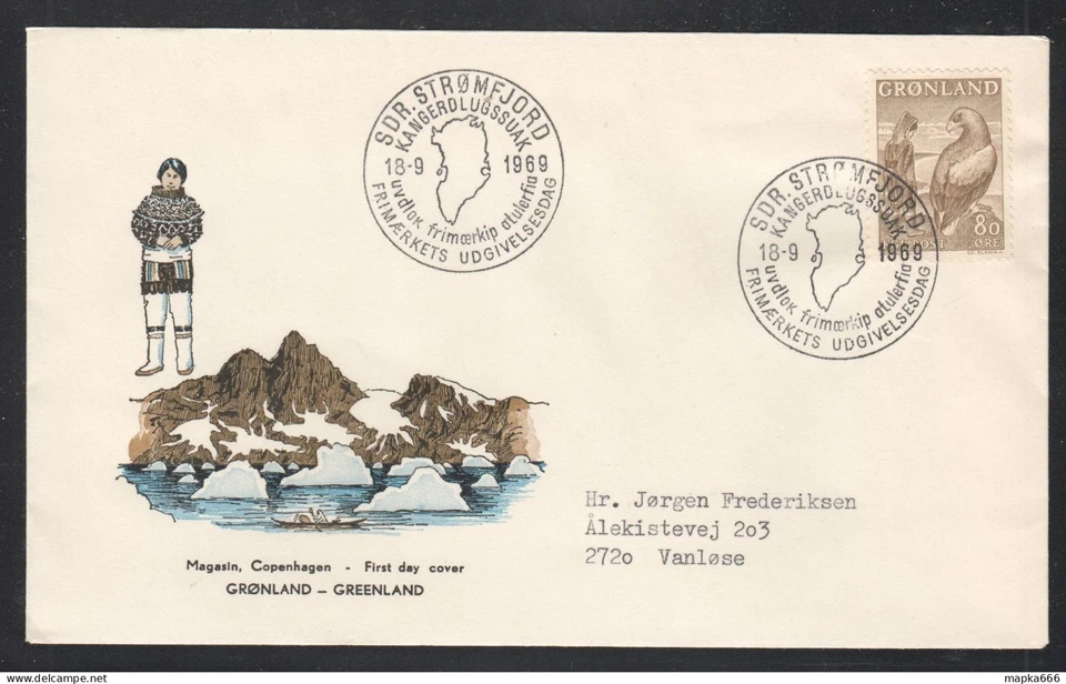 GR029 1969 GROENLANDIA GRUÑONES FAUNA AVES RAPACES SAGA MICHEL #73 FDC Foto 1 de 1