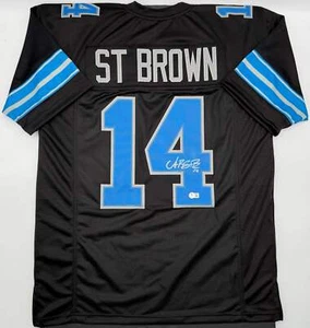 Amon-Ra St.Brown Autographed Detroit Lions Black Custom Football Jersey Beckett - Picture 1 of 1