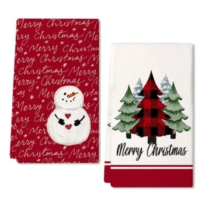 Snowman Christmas Kitchen Towels Set of 2Dark Red Xmas Tree Dish Hand Towels ... - Picture 1 of 8
