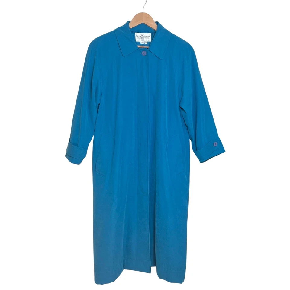 Gabardina larga vintage Norm Thompson Petite mediana azul verdoso con cinturón  Foto 1 de 4