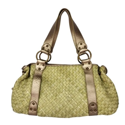 Bolso de Hombro Fossil Cuero Tejido Genuino Verde y Dorado Tono Latón Herrajes Foto 1 de 4