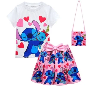 Girls Lilo&Stitch Cartoon Short Dress T-Shirt Bag 3 Pcs Skorts Outfit Skirt Set - Picture 1 of 14