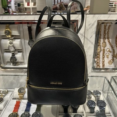 MICHAEL KORS RHEA MOCHILA MEDIANA CREMALLERA BOLSO DE VIAJE MK CUERO NEGRO DORADO Foto 1 de 4