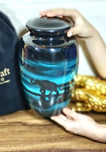 Elefant Feuerbestattung Urne - handbemalte Gedenurne mit Elefant & Kalbs Silhouette - Bild 1 von 12