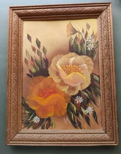 Cuadro de madera de flores naranjas y amarillas pintura panel lienzo floral vintage - Imagen 1 de 24