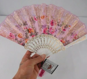 Hand Held Folding Fabric Floral Fan Lace Purple Pink Gold White NWT *QUICK SHIP* - Picture 1 of 4