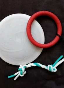 3x hochwertiges Hundespielzeug: Frisbee Kautschuk, Backenzahnring+ Flechttau  - Bild 1 von 12