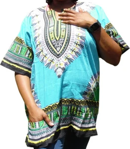 Womens LIGHT BLUE Dashiki Shirt African Blouse Top Rap Rapper ~ FAST SHIPPING - Picture 1 of 4