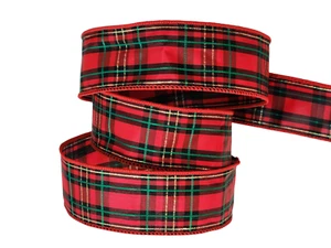 4/8/24Y Christmas Ribbon Wired Edge Plaid 2" In/out Door Red Green Gold Make Bow - Picture 1 of 1