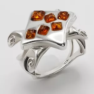 925 Solid Sterling Silver Natural Cognac Baltic Amber Large Nice Ring Size 6.75 - Picture 1 of 3