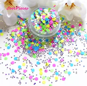 Nail Art klobig *DisCo* matt gemischt Neon Sechseck Formen Glitzer Spangle Mischtopf - Bild 1 von 4