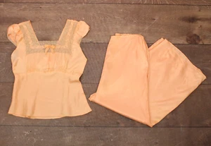 VTG Women's 40s 50s Pink Rayon Satin & Lace Pajamas 2 Pc Set Sz S/M 1940s 1950s - Picture 1 of 23