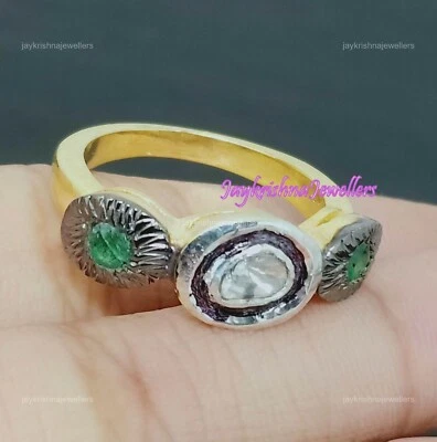 Polki Diamant Cocktail Ring,925 Silber Smaragd Edelstein Gold Politur Kostüm - Bild 1 von 4