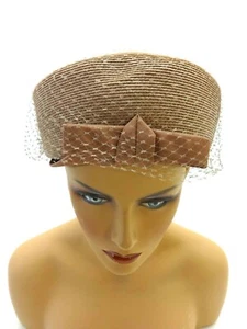 VINTAGE 1960's TAUPE PILLBOX HAT WITH NETTING SIZE 7 - Picture 1 of 3
