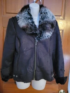 LUX Jacke Damen groß braun Kunstleder gefüttert Crop Full Zip Kunstfellkragen - Bild 1 von 11