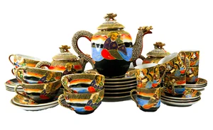Vintage Japanese Satsuma Moriage Gold Dragon Ware 36 Piece Tea Coffee Set For 6 - Picture 1 of 24