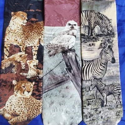 3 Corbatas de Seda de Colección para Hombres Especies en Peligro de Extinción Cebra Gato Salvaje Búho Nevado en Jacquard Satén Foto 1 de 4