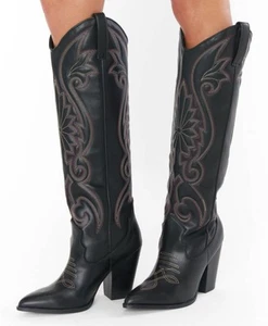 STEVE MADDEN Womens Black Dual Pull-Tabs Lasso Leather Western Boot 8M Cowgirl - Picture 1 of 8