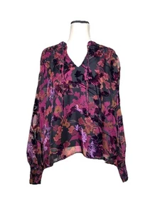 Evereve Women’s Burgundy Floral Velvet Burnout Blouse Boho Top Fairy Goth Size M - Picture 1 of 8