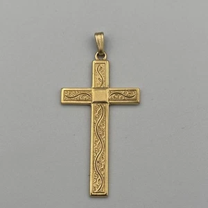 Vintage Stamped LAMODE Crucifix Cross Pendant Gold Plated Etched Scroll Design - Picture 1 of 6