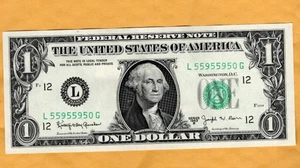 Fancy serial number on Joseph Barr $1 1963B Federal Reserve Note - L55955950G - Picture 1 of 2