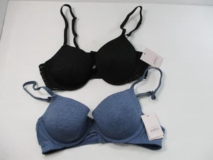 Lot 2 Auden Bra Womens 36A Black & Blue The Everyday Demi T-Shirt Lace Lined NWT - Picture 1 of 18