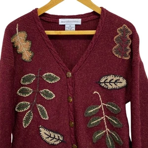 Cardigan maglione Ivy Collectibles donna M misto lana applicazione foglia ricamato - Foto 1 di 10