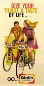 SCHMIDTS BEER POSTER WITH BICYCLISTS CIRCA 1960 ORIGINAL - Picture 1 of 1