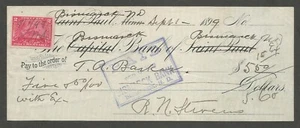 USA The Bismarck Bank of Bismarck Scheck; 5,50 Dollars; 1.9.1899; gestempelt; kassiert - Bild 1 von 2