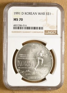 1991 D Korean War Commemorative Silver Dollar NGC MS70 - Picture 1 of 2