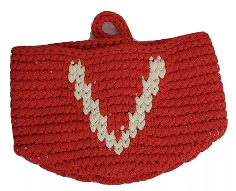 Wall Hanging Organizer Crochet Basket V Red Christmas Mantle 5” tall x 6-7” Diam Cover