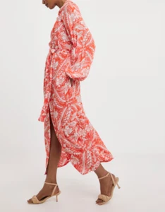 JD WILLIAMS LADIES ORANGE PRINT CRINKLE BALLOON SLEEVE MIDI SHIRT DRESS NEW (504 - Picture 1 of 4