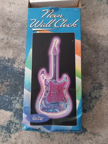 Vintage Neon Pink Guitar Wall Clock With Original Box. WORKS!!!! Cover