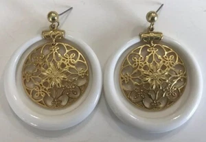 Joan Rivers Large Ornate Gold Color & White Hoop Hanging Dangle Earrings No Back - Picture 1 of 5