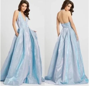 Neu mit Etikett IEENA For Mac Duggal Größe 14 schimmernd blau Eis Ausschnitt Neckholder Ballkleid - Bild 1 von 15