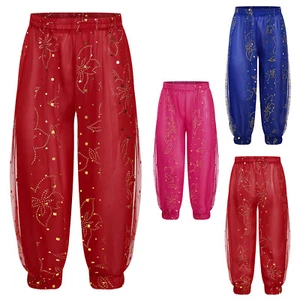 Girls Pants Mesh Strips Trousers Elastic Waistband T Belly Dance Costume Kids - Foto 1 di 21