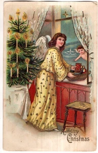 ANTIQUE EMBOSSED CHRISTMAS Postcard     ANGEL, CHERUB OUTSIDE WINDOW, XMAS TREE - Picture 1 of 2